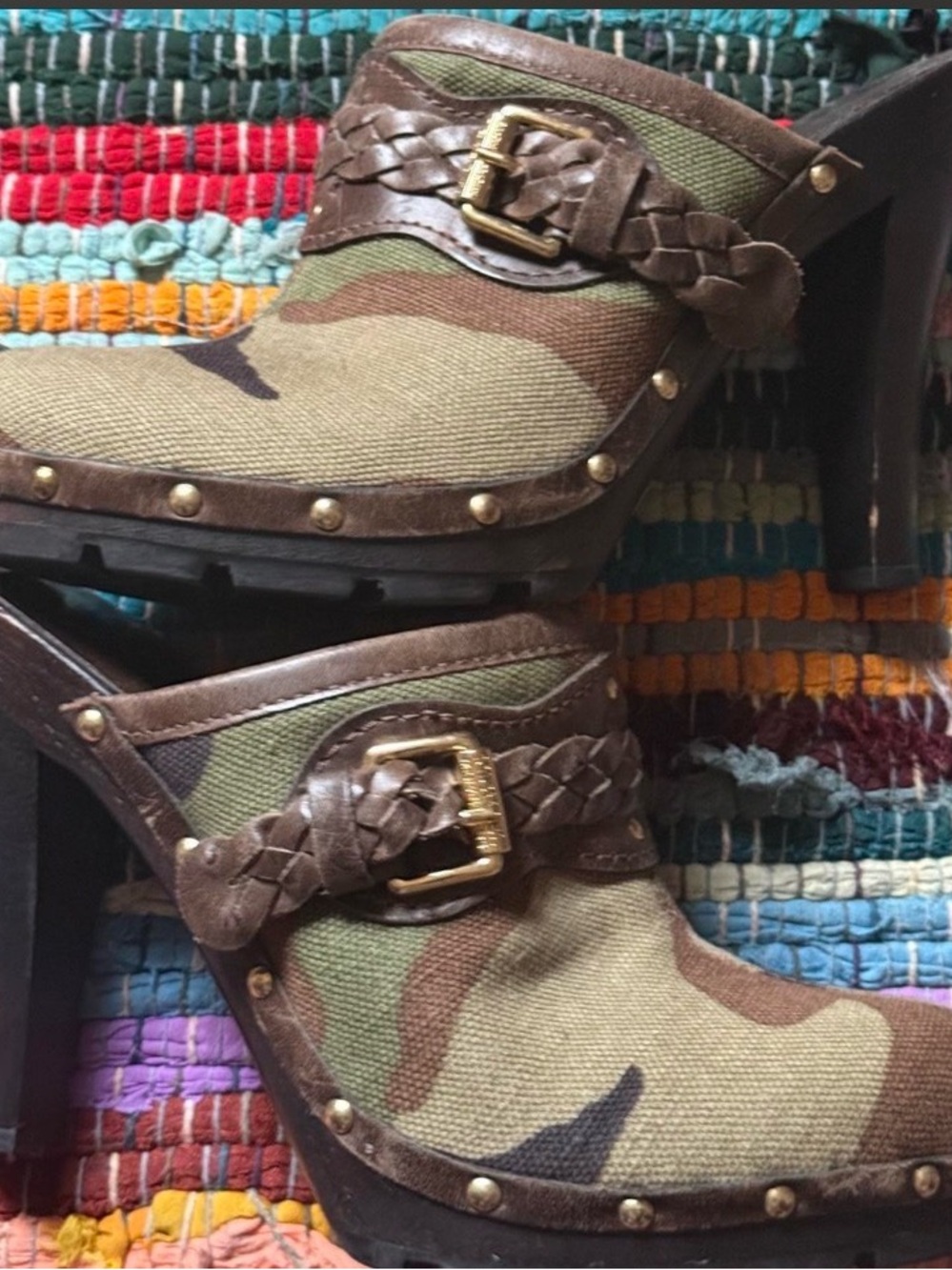 Michael Kors Brown and Green Camouflage Braided Buckle Clogs